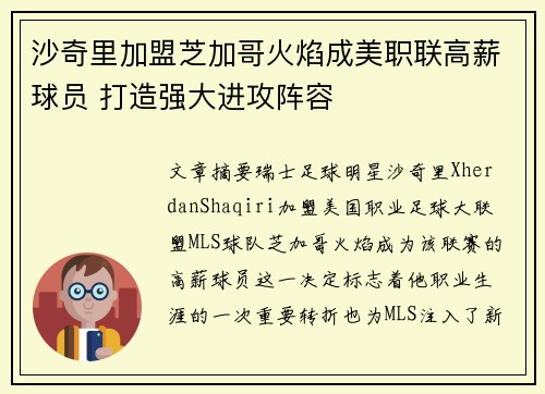 沙奇里加盟芝加哥火焰成美职联高薪球员 打造强大进攻阵容
