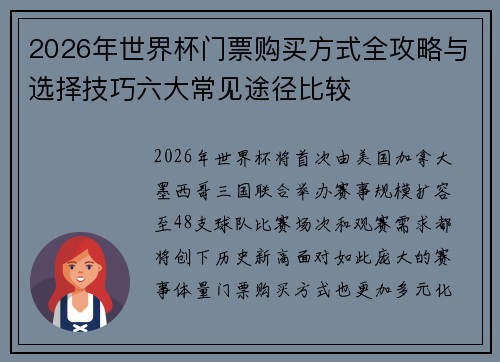 2026年世界杯门票购买方式全攻略与选择技巧六大常见途径比较